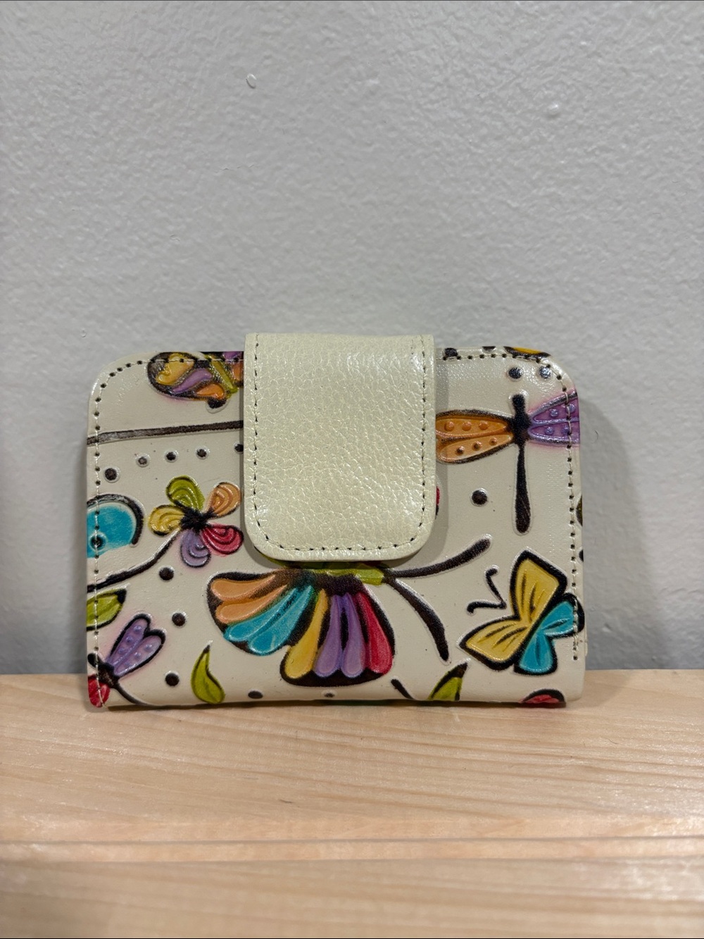 Cream Floral Butterfly Wallet with Colorful Accents